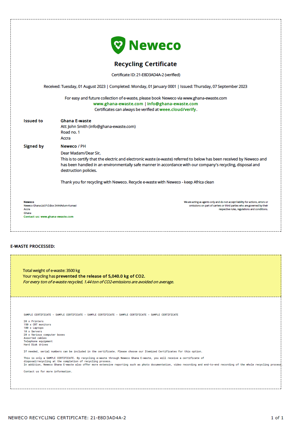 Recycling certificate sample